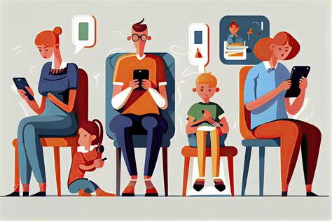 Family using smartphones and tablets, parents and kids with phones