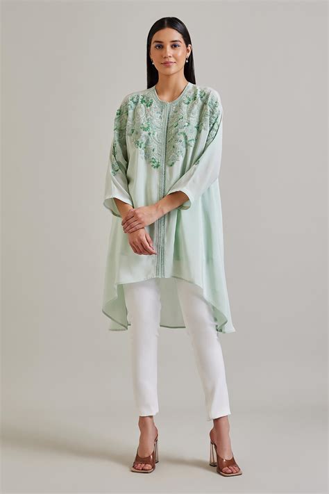 Buy Green Silk Crepe Embellished Thread Round Miva Sequin Tunic For