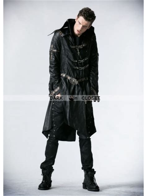 Punk Rave Black Leather Gothic Punk Trench Coat For Men