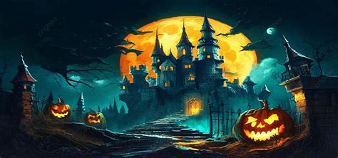 Pumpkin Lantern Castle Moon Halloween Horror Illustration Background