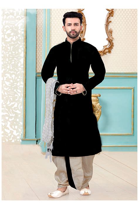 Black Dupion Silk Dhoti Kurta Set