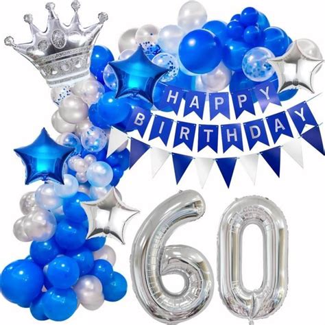 Décoration 60 Ans Anniversaire Bleu Argent Ballons Guirlande 60 Ans