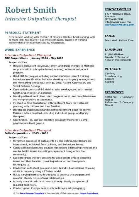 Intensive Outpatient Therapist Resume Samples Qwikresume