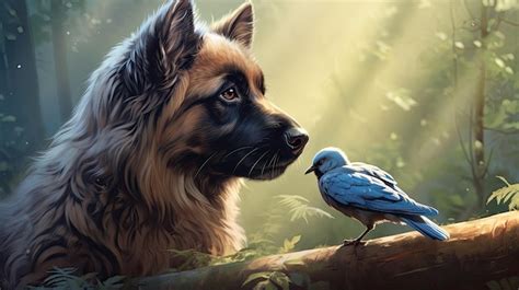 Dog And A Bird - Premium AI Image | a dog and a bird are looking at each other.