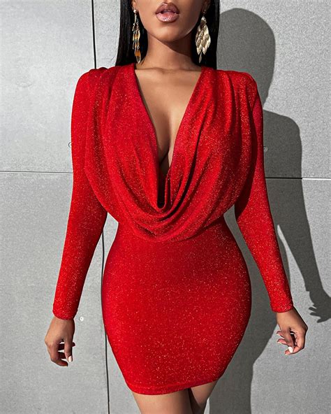 Cowl Neck Long Sleeve Bodycon Party Dress