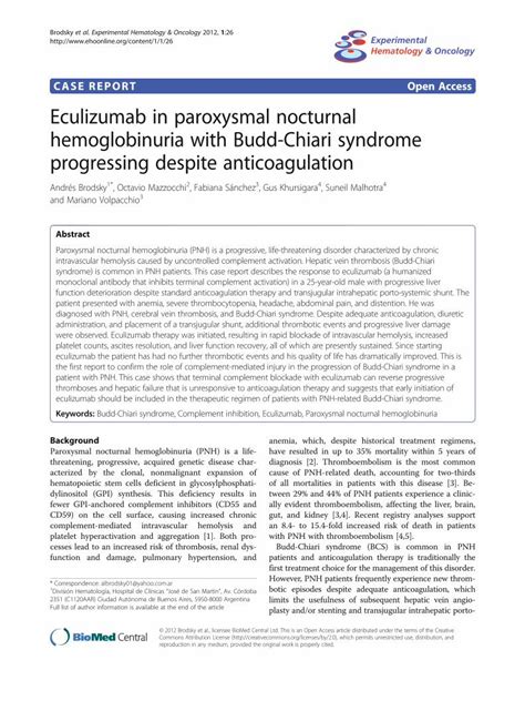 PDF Eculizumab In Paroxysmal Nocturnal Hemoglobinuria With Budd