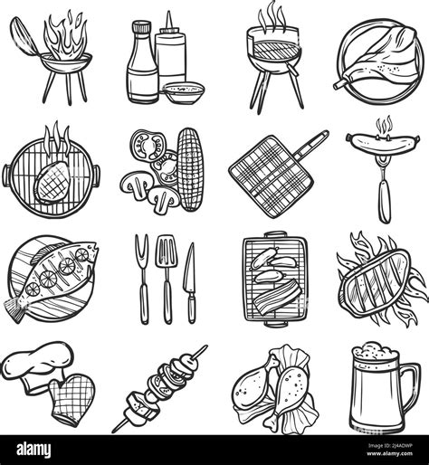 Bbq Grill Sketch Decorative Icons Set With Meat Sauces And Kitchen