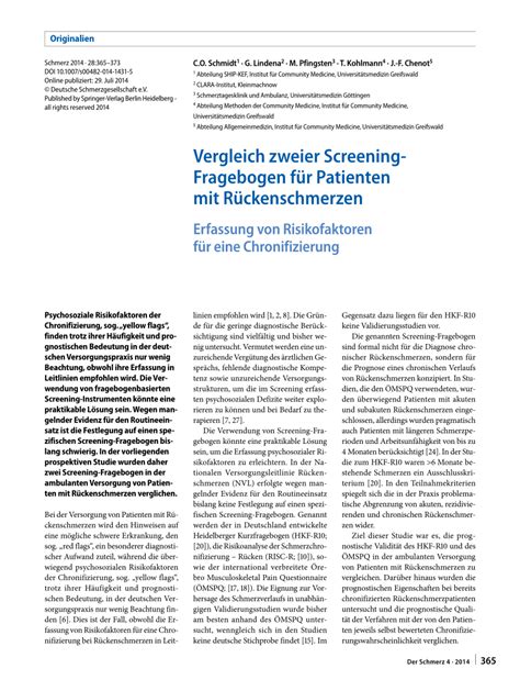 Pdf Vergleich Zweier Screening Frageb Gen Bei Patienten Mit