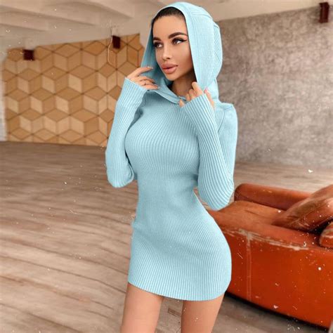 Ginny Long Sleeve Knit Sweater Dress Light Blue M Bodycon Outfits