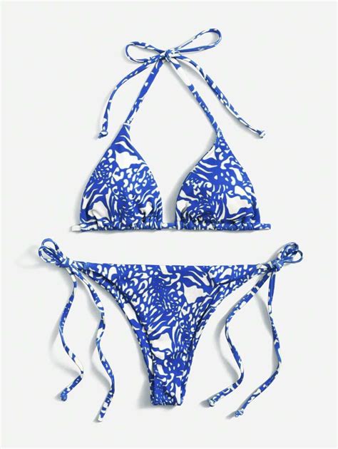 Swim Vcay Summer Beach Allover Print Halter Triangle Tie Side Bikini
