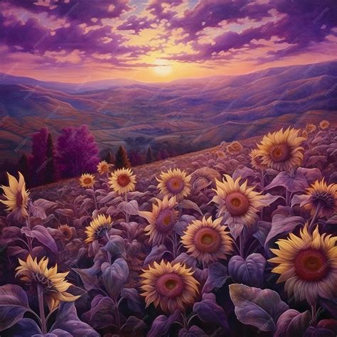 Premium Ai Image A Painting Of A Field Of Sunflowers With A Purple