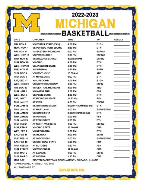 Printable 2022-2023 Michigan Wolverines Basketball Schedule