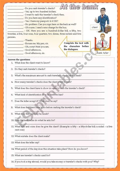 At The Bank Dialogue With 2 Tasks Fully Editable Esl Worksheet