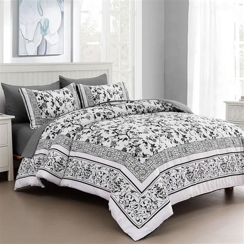 Metahots King Size Comforter Set 7 Pcs White Flowers