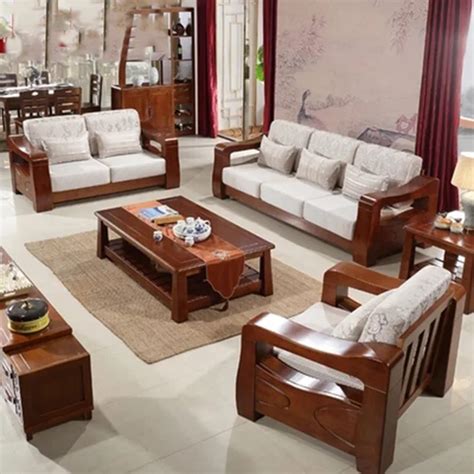 Solid wood sofa modern Chinese style living room Furniture Rubber wood Cloth art Couch Free ...