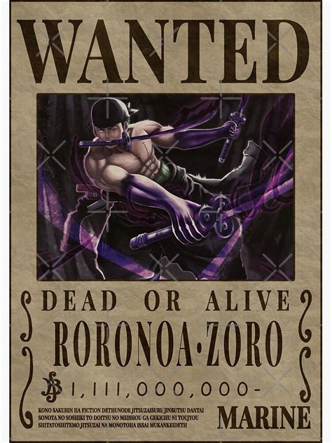 Roronoa Zoro Wanted Poster One Piece King Of Hell Vice Captain Art