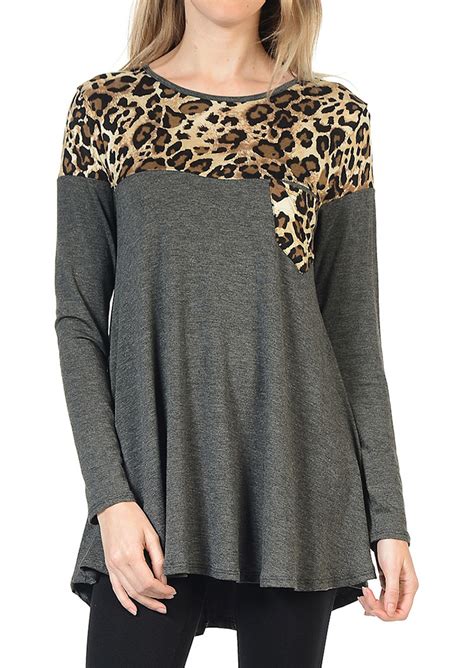 Leopard Splicing Pocket Long Sleeve Blouse Fairyseason