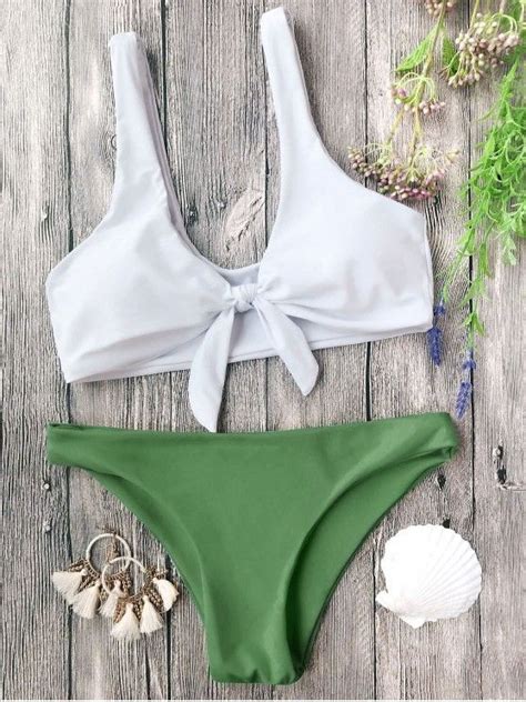 [56 Off] 2021 Padded Knotted Bralette Bikini Set In White And Green