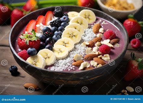 A Delicious And Healthy Fruit Topped Smoothie Bowl Topped With Berries