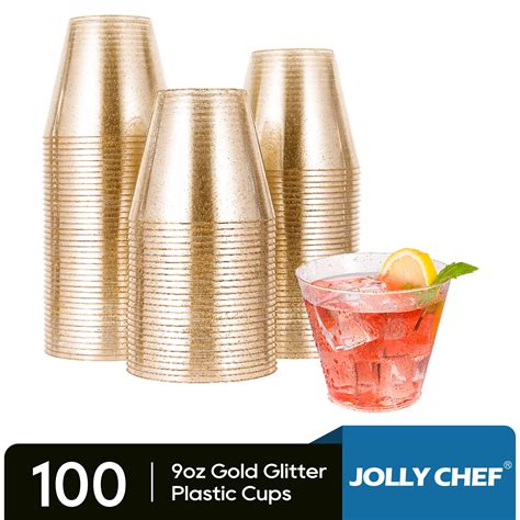 JOLLY CHEF 100Pack 9oz Gold Glitter Disposable Plastic Cups For