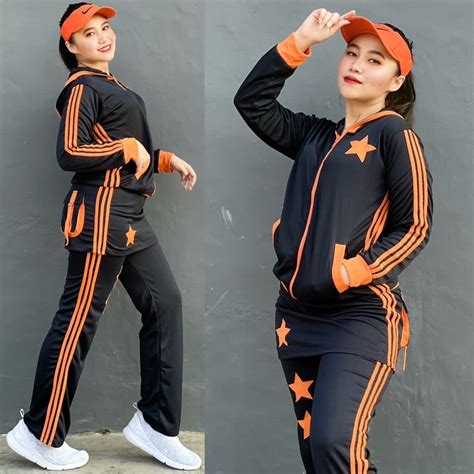 Jual Ready Setelan Baju Senam Lapangan Rok Hitam Orange Zumba Aerobik