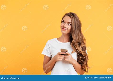 Cheerful Cute Beautiful Young Woman Chatting By Mobile Phone Stock