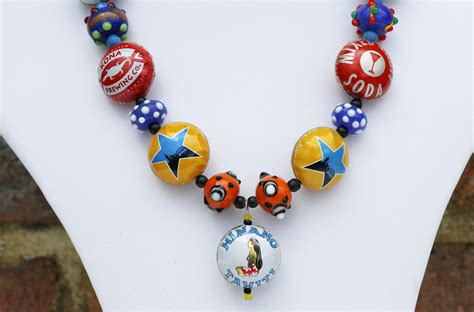 Retro Recycled Bottle Cap Necklace In Blue Red Orange And Yellow Vintage American Bottle Tops