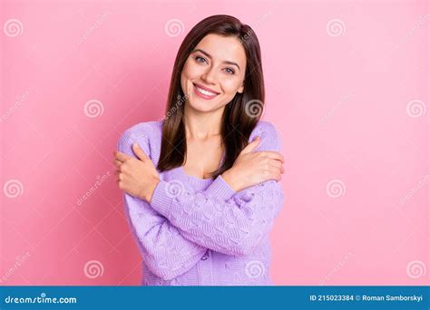 Portrait Of Optimistic Nice Girl Hug Herself Wear Lilac Sweater