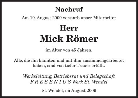 Traueranzeigen Von Mick R Mer Saarbruecker Zeitung Trauer De