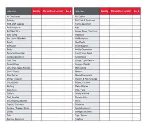 Moving Inventory List Template