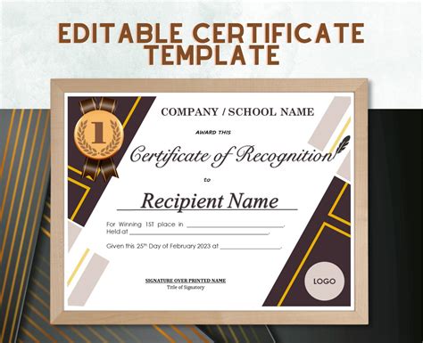 Printable First Place Medal Award Certificate Template