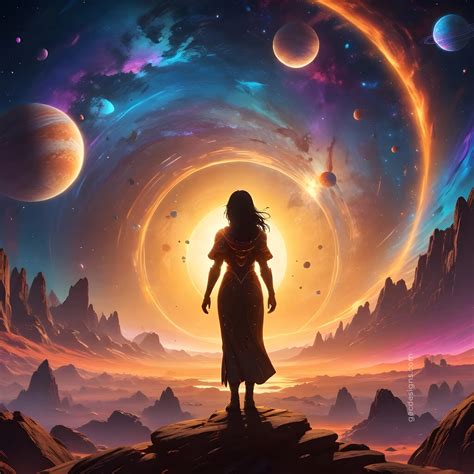 Young girl standing on the edge of the mountain looking at cosmic scene ...