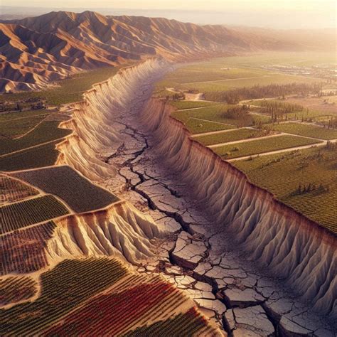 A Large Earthquake Fault With Vineyards On One Side And A Desert On The