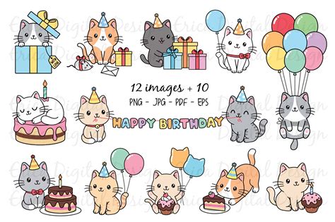 Birthday Cats Clipart Set 22 Cat Party Images Bundle 520234