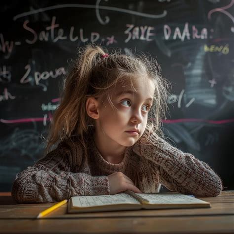 A Girl Doing Math On Classroom Sitting On His Desk With Blur Blackboard In The Background