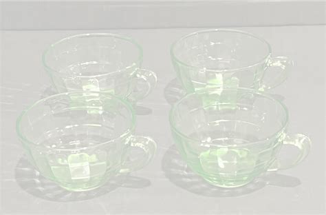 Vintage Anchor Hocking Block Optic Coffee Cups Green Vaseline Glass Set Of 4 Ebay