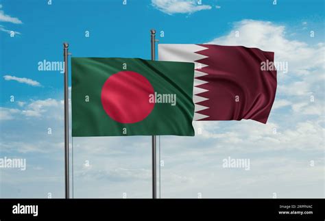 Qatar And Bangladesh Flag Waving Together In The Wind On Blue Sky Two