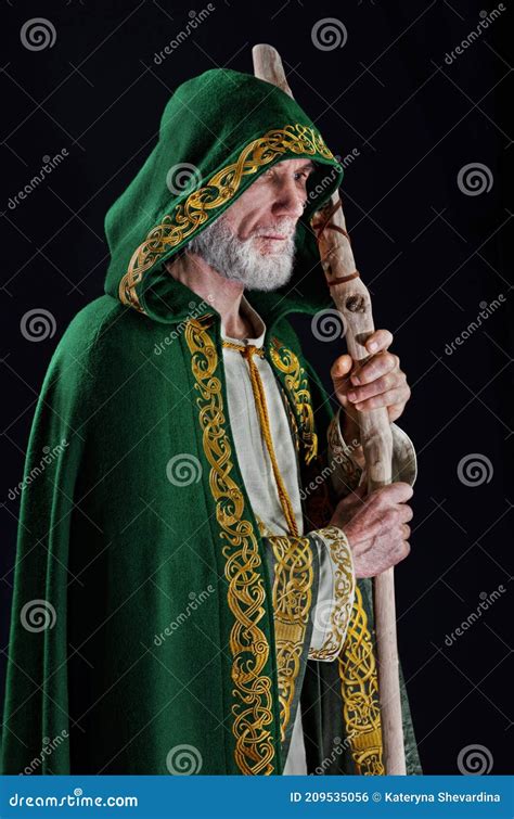 Powerful Wizard Holds A Wooden Magic Staff Stock Photo Image Of Beard