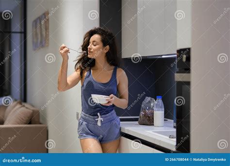 Adult Beautiful Caucasian Woman Indoors At Home Eating Breakfast Young Pretty Female With Long