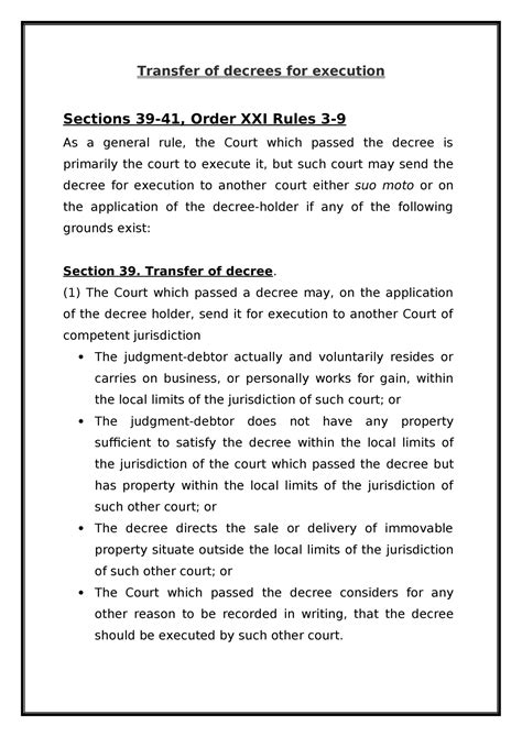 Transfer Of Decrees For Execution Transfer Of Decrees For Execution