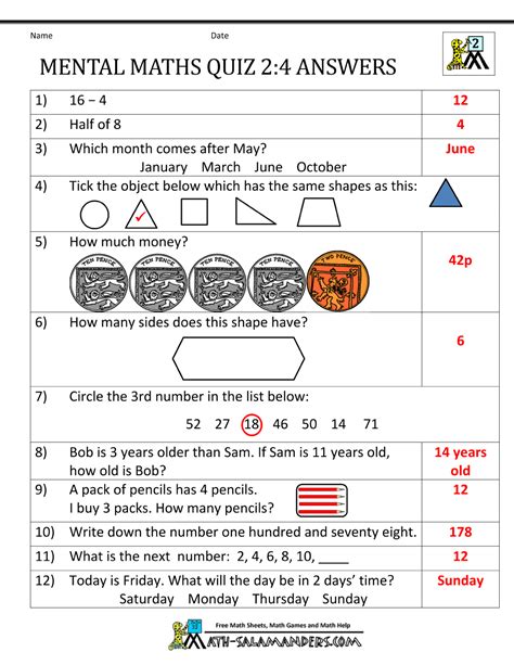 Printable Mental Maths Year Worksheets