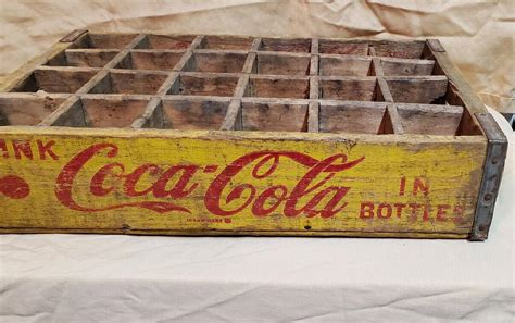 Antique Wooden Coca Cola Crate Bottle Case Yellow With Red