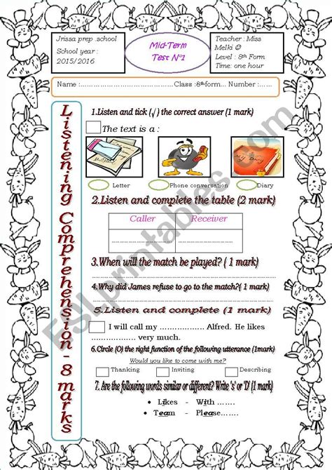 Mid Term Test N Th Form Esl Worksheet By English Teacher