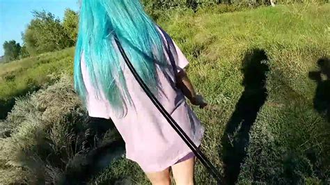 Teen With Blue Hair Does Blowjob Outdoors