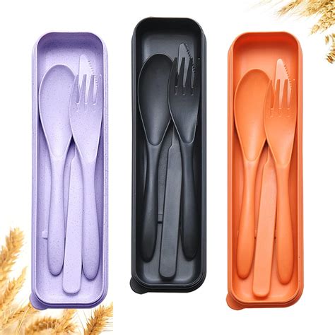 Reusable Travel Utensils Set With Case 3 Sets Wheat Straw Portable Plastic Fork