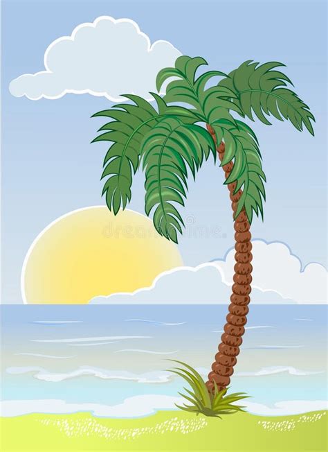 Vector La Playa Del Verano Con El Sol Y La Palmera Del Mar Ilustraci N