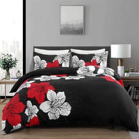 Black Red Comforter Set California King Colorful Floral Comforter Modern Cal King Bedding Sets