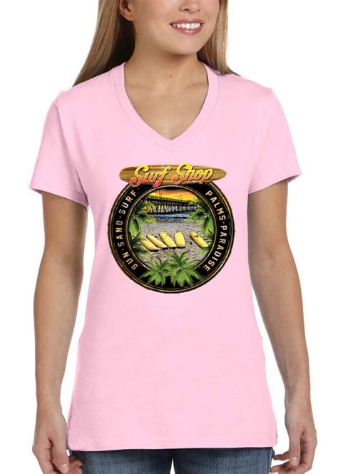 Ladies Palms Paradise Surf Shop Light Pink V Neck Biker T Shirt Leather Supreme