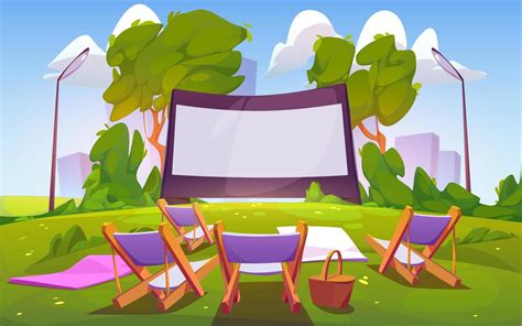 Open Air Cinema On Green Lawn In City Park 13455188 Vector Art At Vecteezy