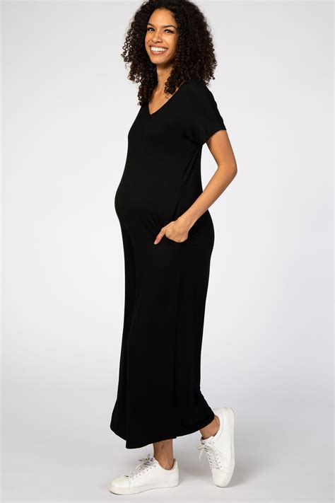 Black Short Sleeve Wide Leg Maternity Jumpsuit Pinkblush